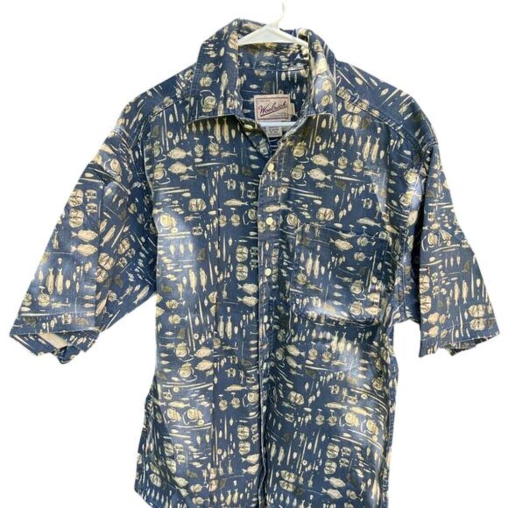 Woolrich Men's Lg Vintage Blue Cream Tribal Pattern Shirt 90s